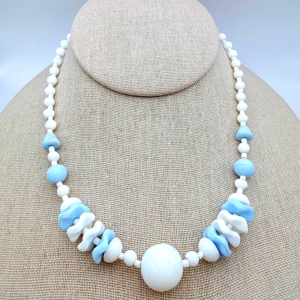 Vintage Czech Molded Milk Glass Light Baby Blue White Necklace 16"